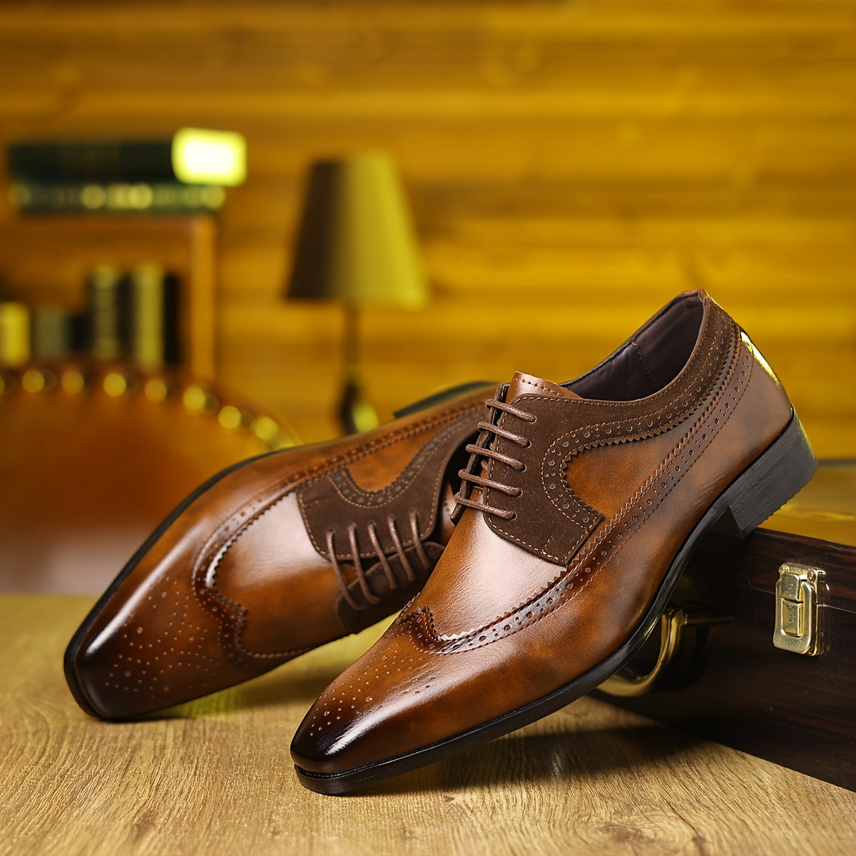 Men's Wing Tip Vintage Oxford Shoes, Lace Up Durable Formal Shoes