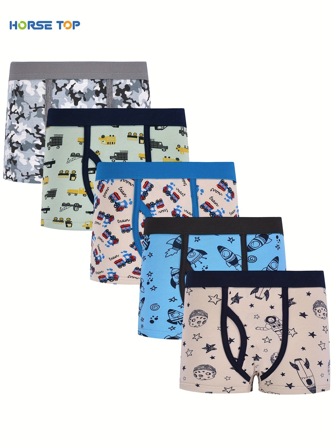 Pack of 5 Boys' Boxer Briefs with Cartoon Dinosaur Pattern