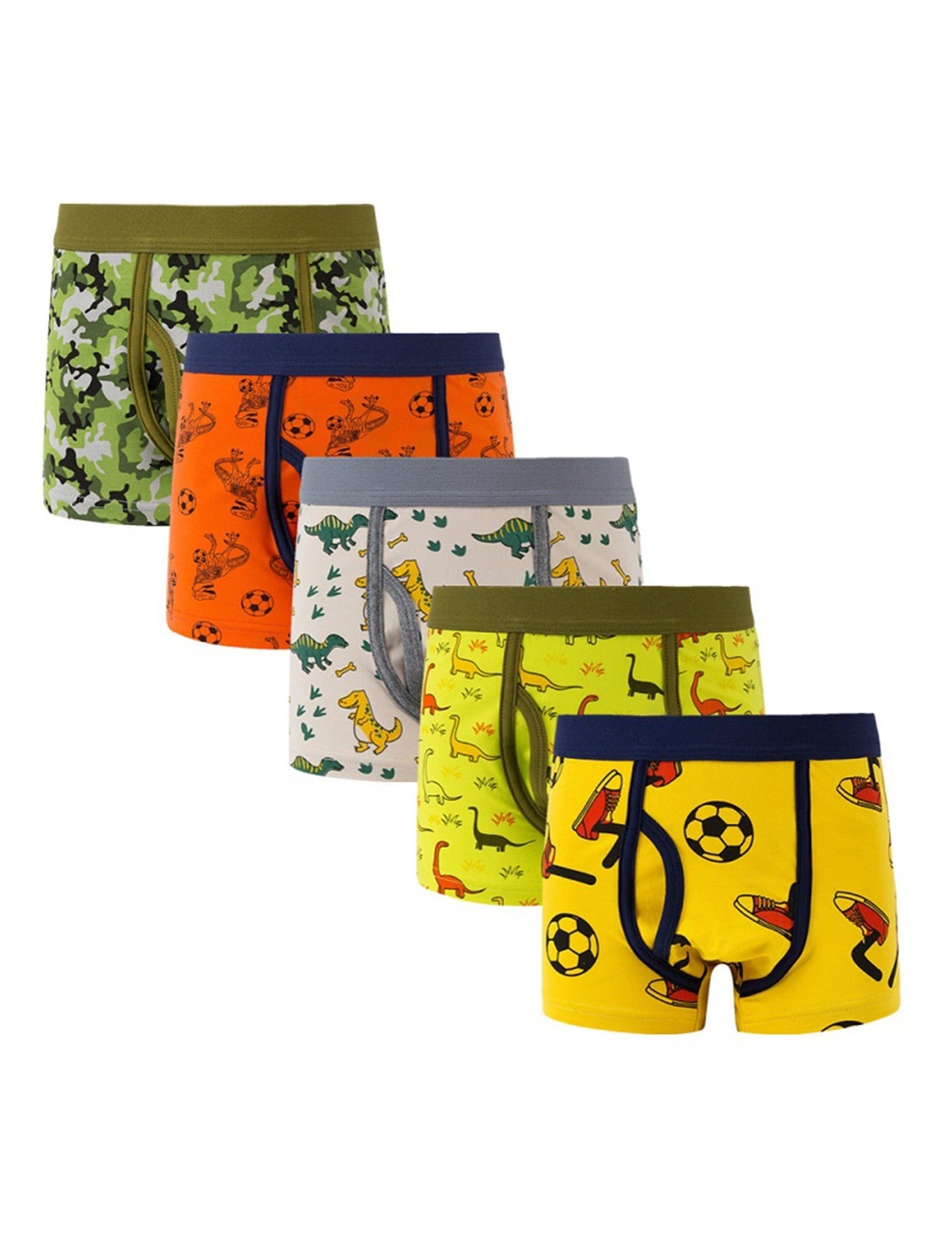 Pack of 5 Boys' Boxer Briefs with Cartoon Dinosaur Pattern