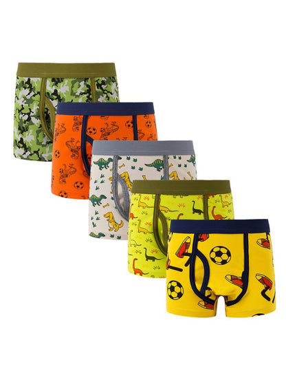 Pack of 5 Boys' Boxer Briefs with Cartoon Dinosaur Pattern
