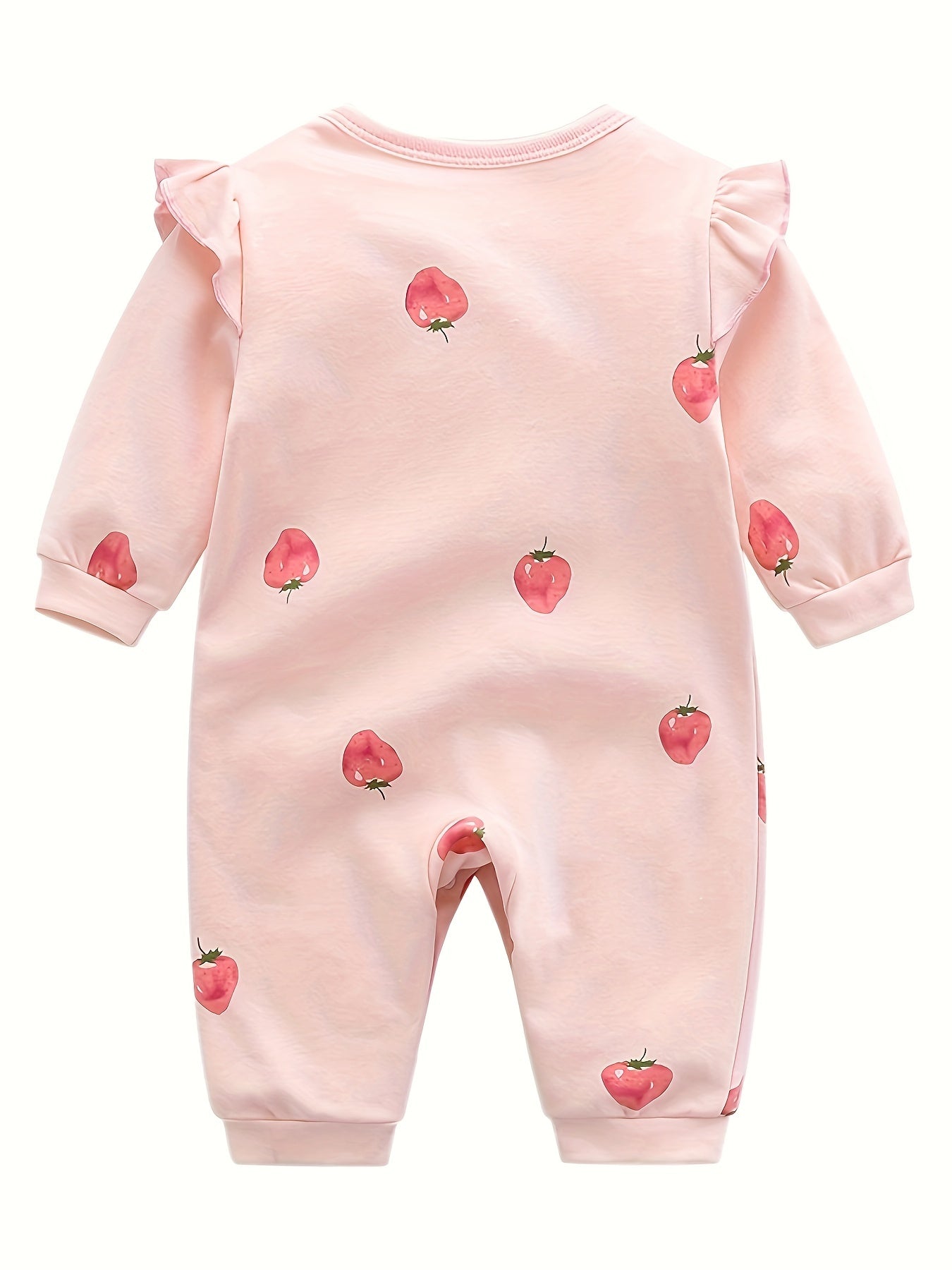 Infant's Cartoon Strawberry Allover Print Cotton Bodysuit, Casual Long Sleeve Onesie
