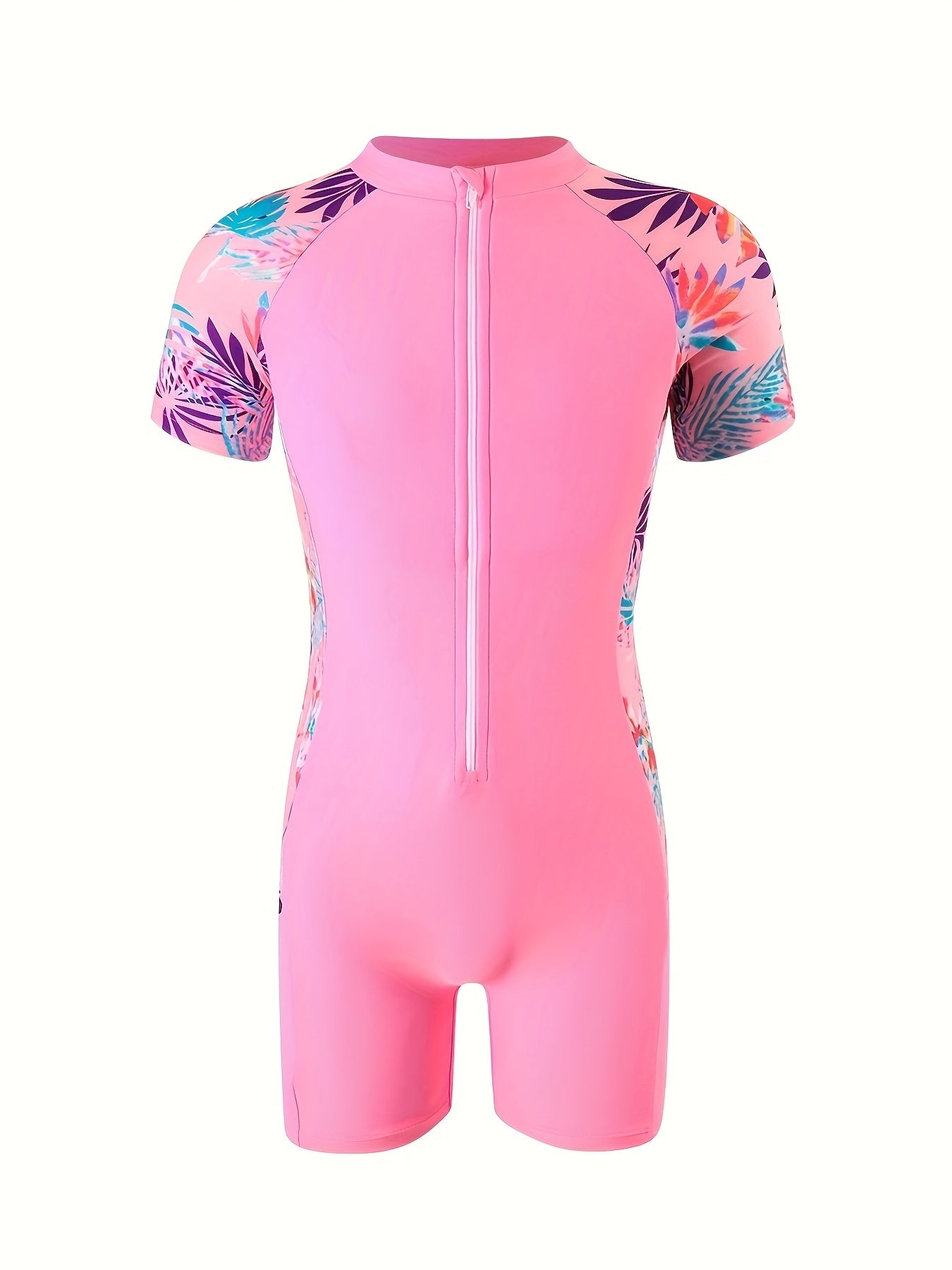 Girls High Stretch & Fit Tropical Leaves Pattern Rash Guard Swimsuit