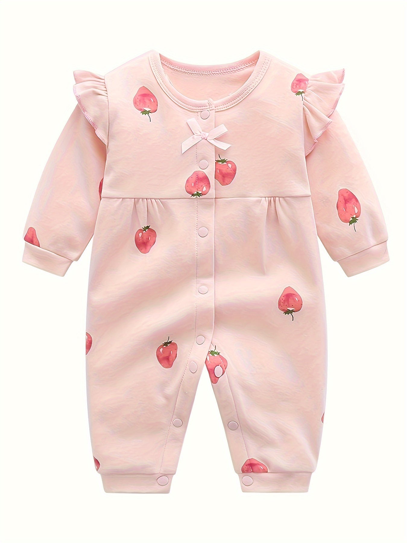 Infant's Cartoon Strawberry Allover Print Cotton Bodysuit, Casual Long Sleeve Onesie
