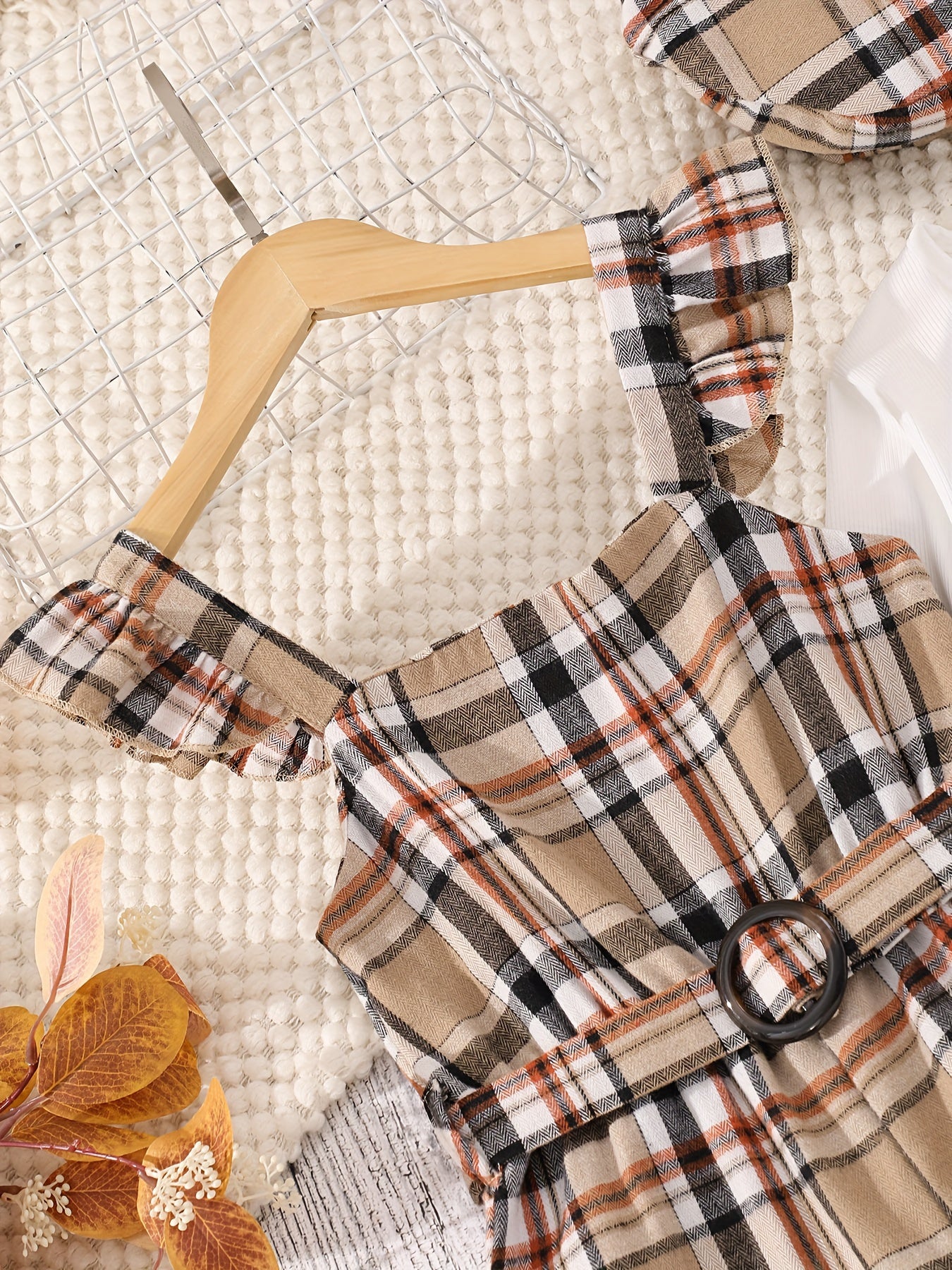 Girls Outfits 4PCS Solid Pullover + Plaid Jumpsuit + Hat + Belt Set