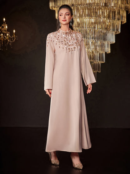 Rhinestone Mock Neck Abaya, Spring & Fall, Women's Clothing