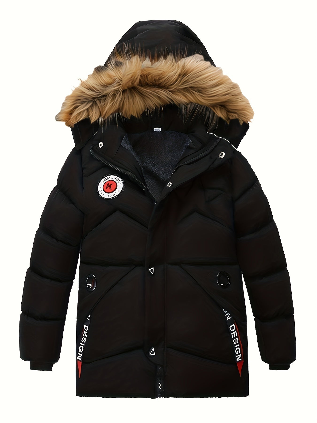 Boy's Trendy Fleece Lining Down Jacket, Warm Zip Up Hooded Coat