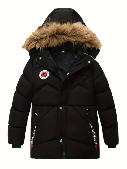 Boy's Trendy Fleece Lining Down Jacket, Warm Zip Up Hooded Coat