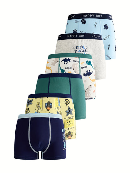 6-Piece Boy's Cotton Boxer Briefs with Cute Basketball Dinosaur Print