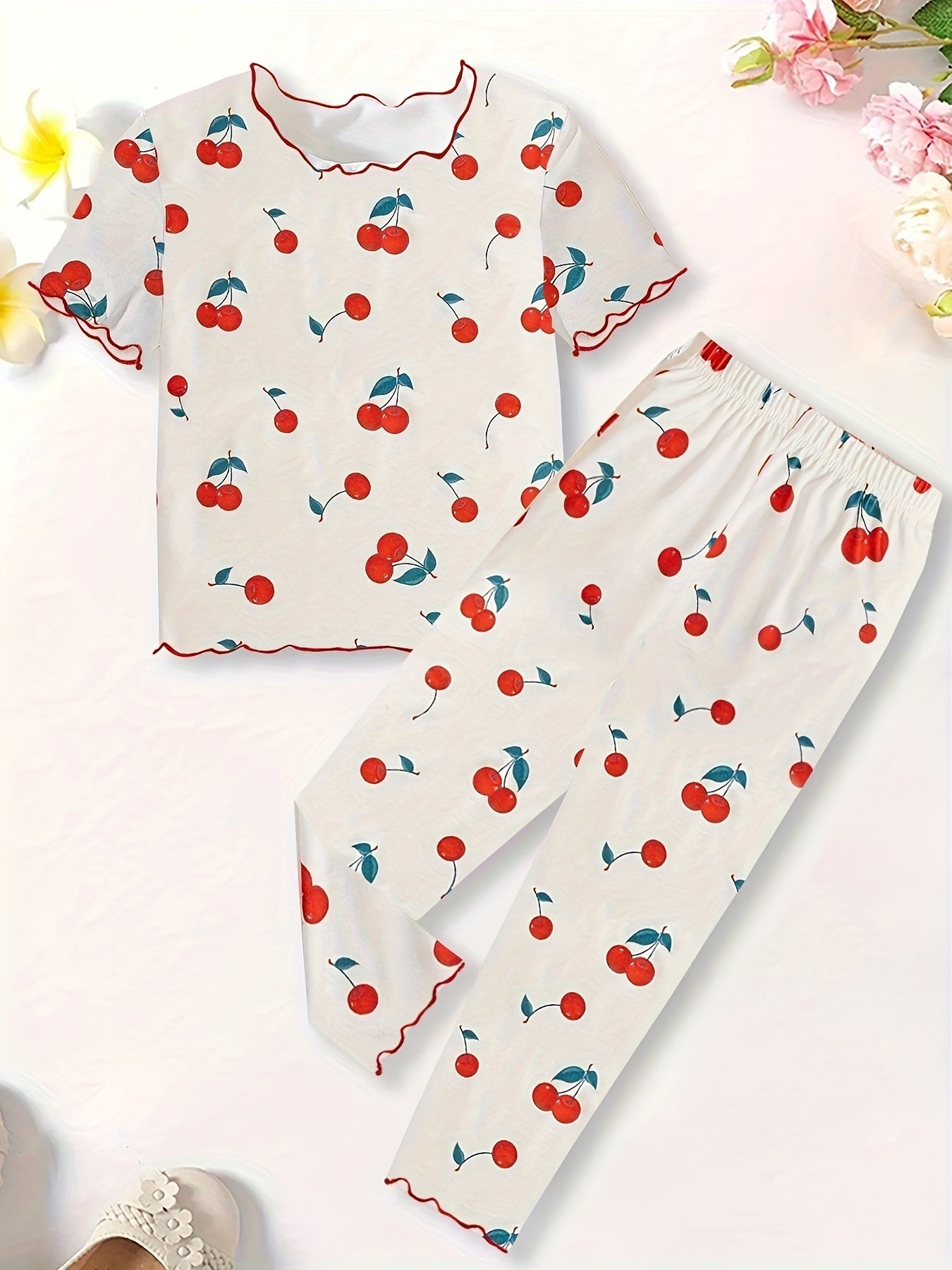 2 Pcs Girl's Casual Underwear Set with Cute Cherry Print- Round Neck Short Sleeve & Trousers