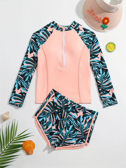 Girls' Splicing 2 Pieces Swimsuit Long Sleeve Zip Top & Shorts For Swimming