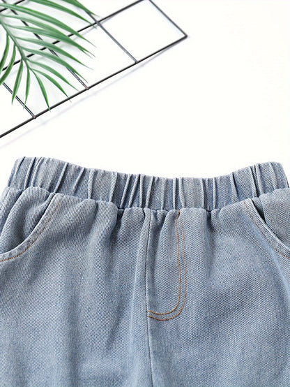 Girls Elastic Waist Denim Jogger Trousers in Solid Colors - 2pcs
