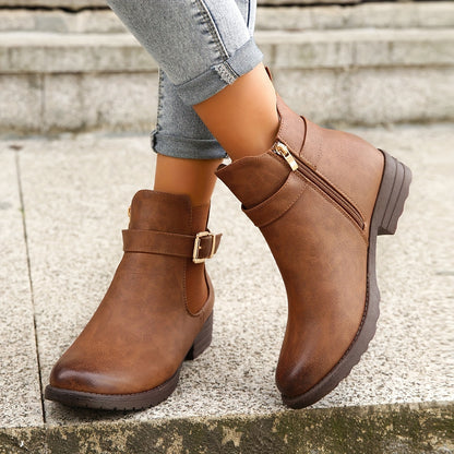 Women's Buckle Strap Short Boots & Side Zipper Chelsea Boots