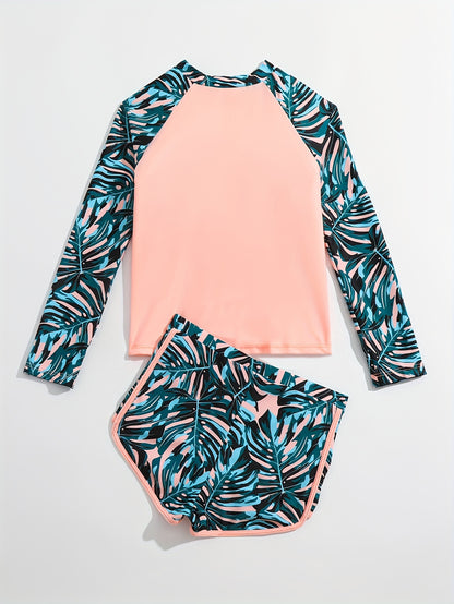 Girls' Splicing 2 Pieces Swimsuit Long Sleeve Zip Top & Shorts For Swimming