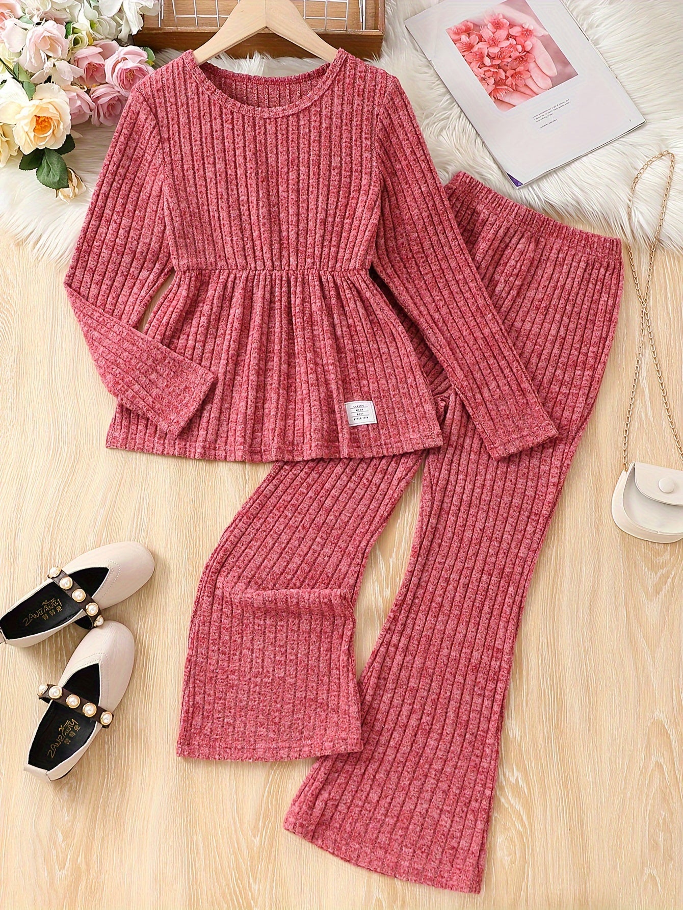 1 Set Girl's Casual Peplum T-Shirt + Bell-bottom Pants Co-ords Set