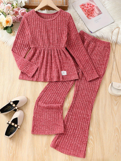 1 Set Girl's Casual Peplum T-Shirt + Bell-bottom Pants Co-ords Set