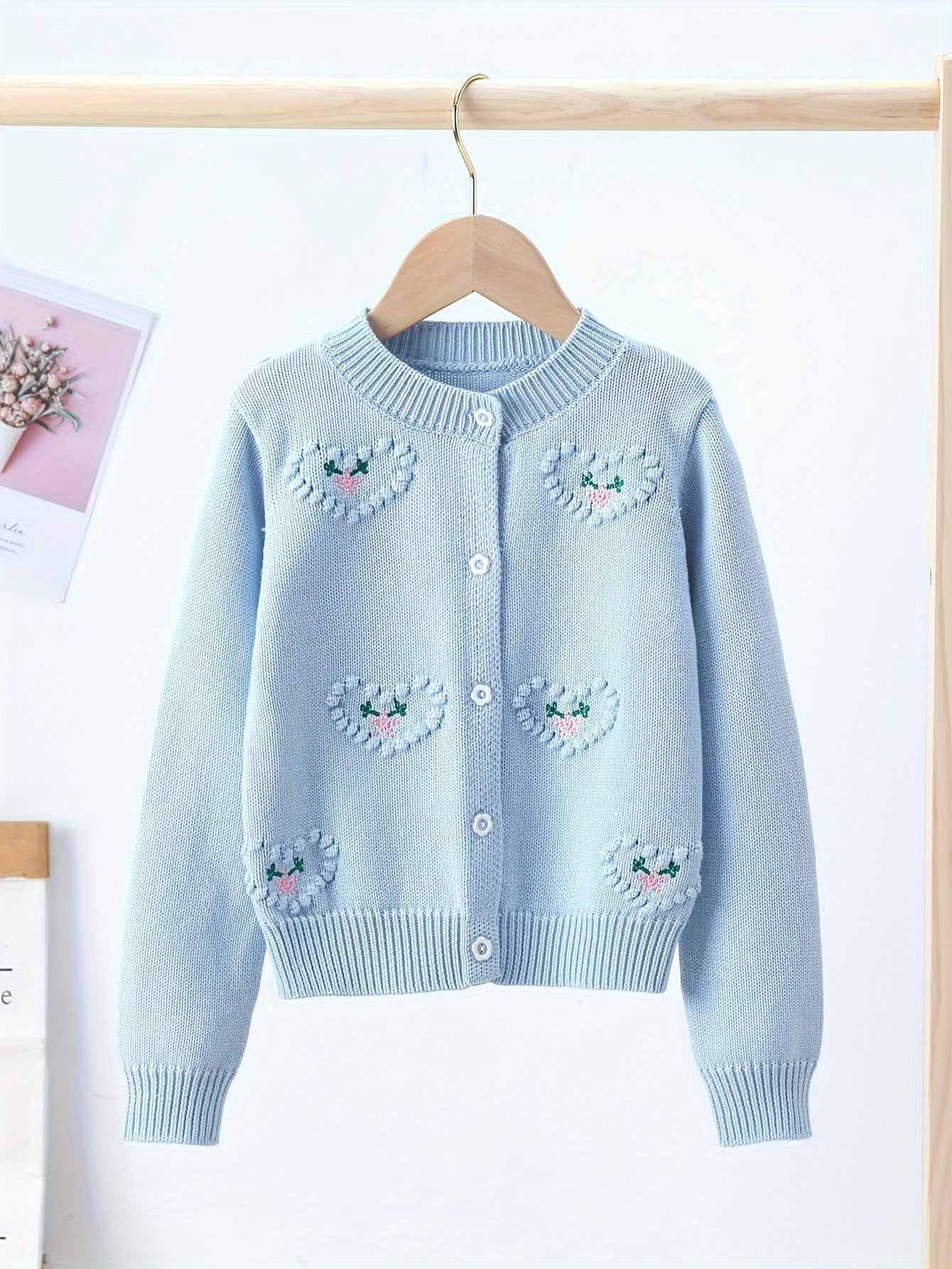 Girls Pure Cotton Cute Heart Jacquard Long Sleeve Button Down Knit Cardigan Clothes