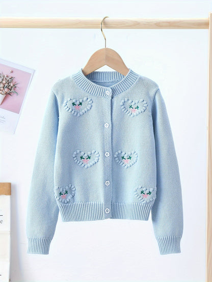Girls Pure Cotton Cute Heart Jacquard Long Sleeve Button Down Knit Cardigan Clothes