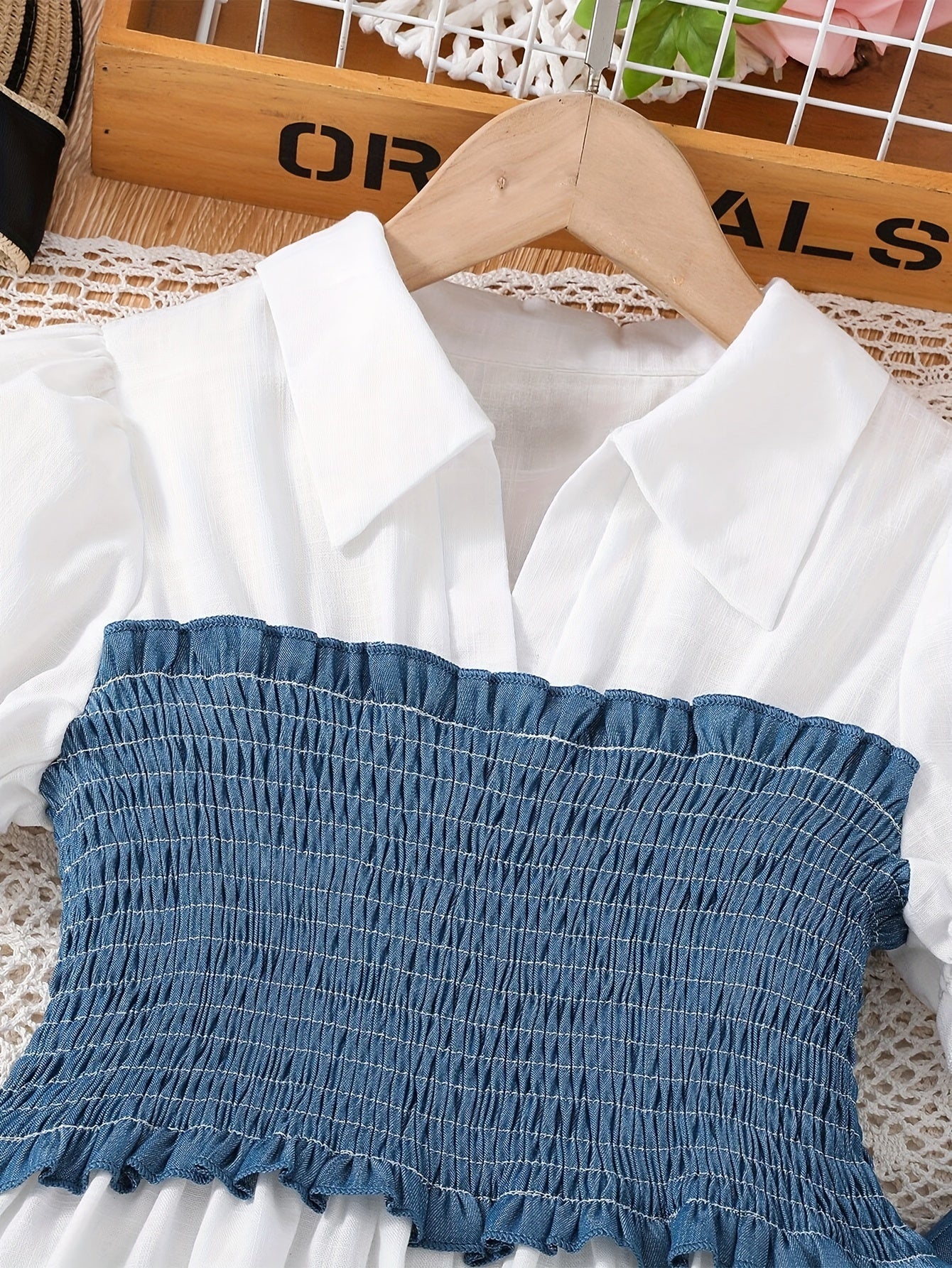 Denim Style Girls 2pcs/set Smocked Shirt Top + Print Pants Co-ords Set