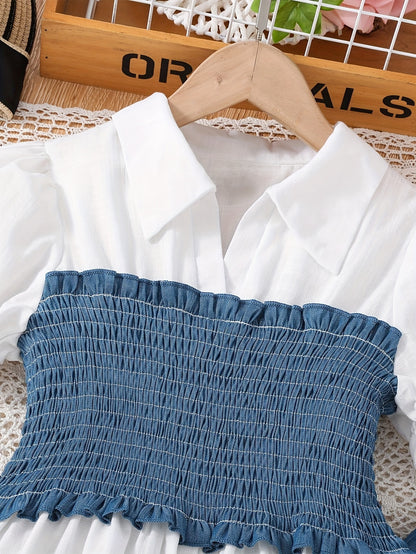 Denim Style Girls 2pcs/set Smocked Shirt Top + Print Pants Co-ords Set