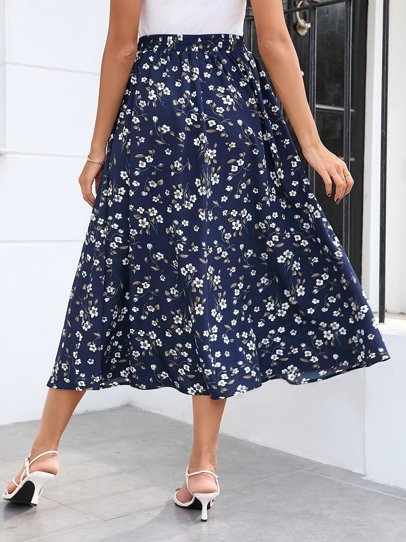 Floral Print Elastic Waist Skirt
