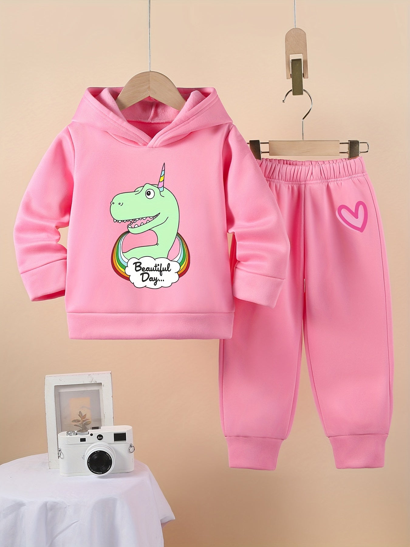 Girls' Cartoon Printed Fleece Hooded Sweatshirt and Trousers - 2 Piece Set