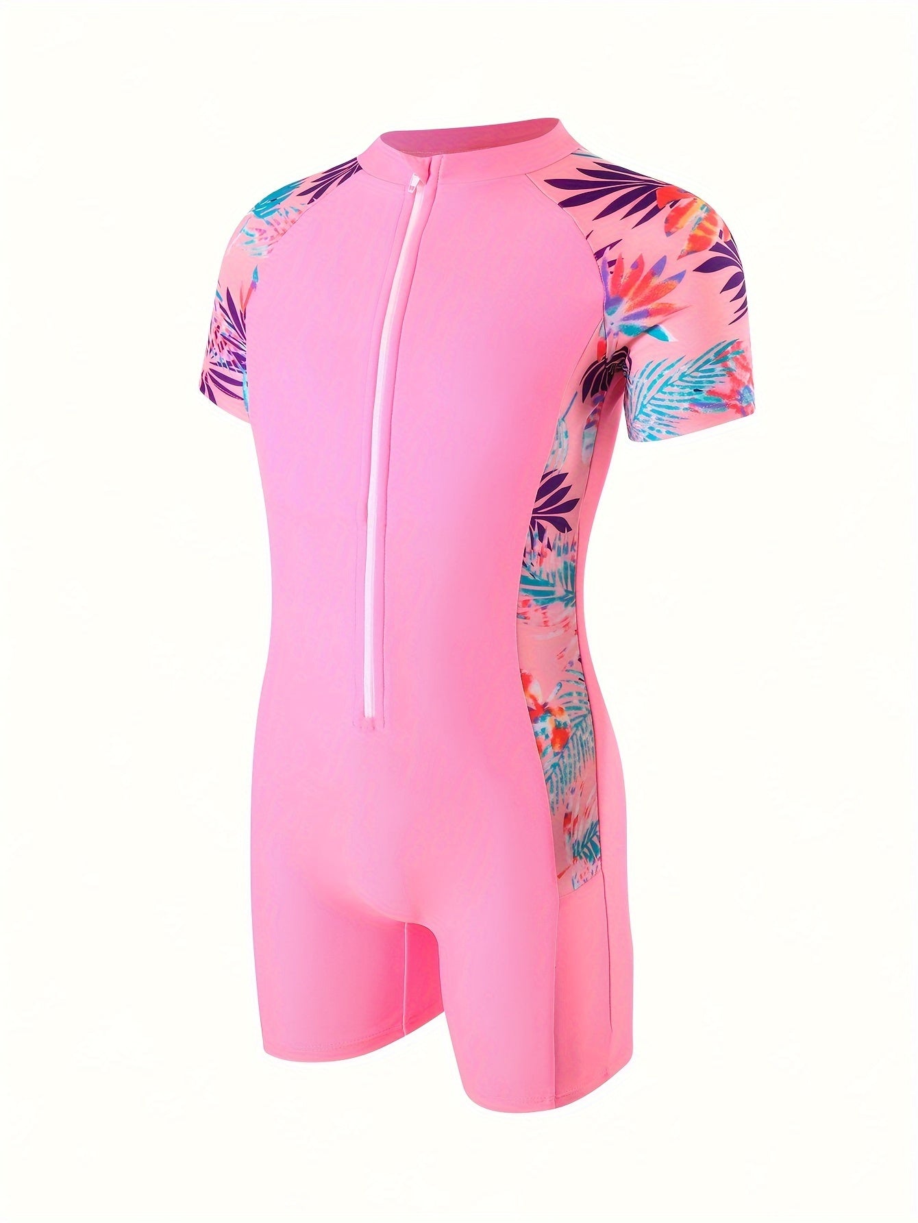 Girls High Stretch & Fit Tropical Leaves Pattern Rash Guard Swimsuit