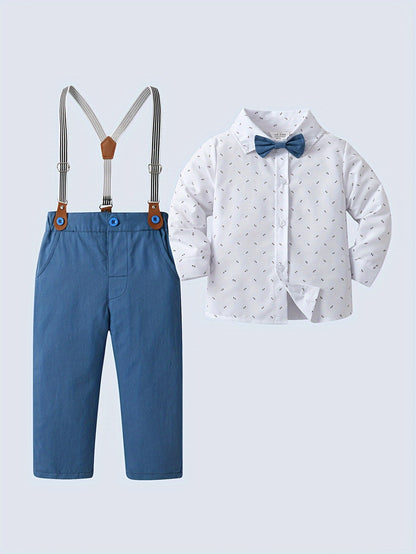 Baby's Gentleman Outfit, Bowtie Geometric Pattern Shirt & Bib Pants Set, Toddler & Infant Boy's Suit