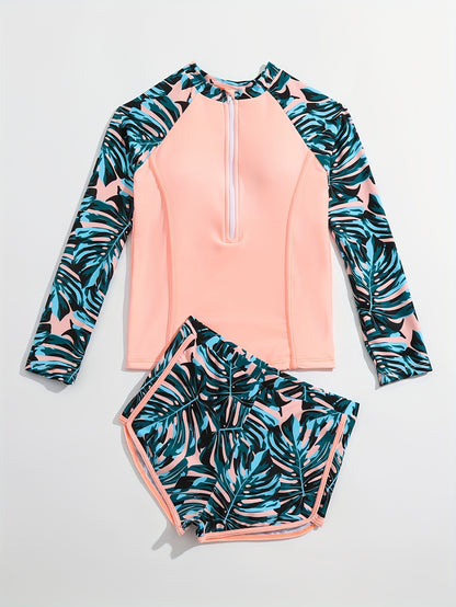 Girls' Splicing 2 Pieces Swimsuit Long Sleeve Zip Top & Shorts For Swimming