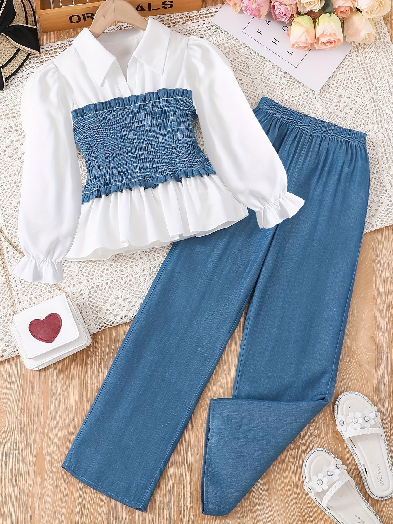 Denim Style Girls 2pcs/set Smocked Shirt Top + Print Pants Co-ords Set