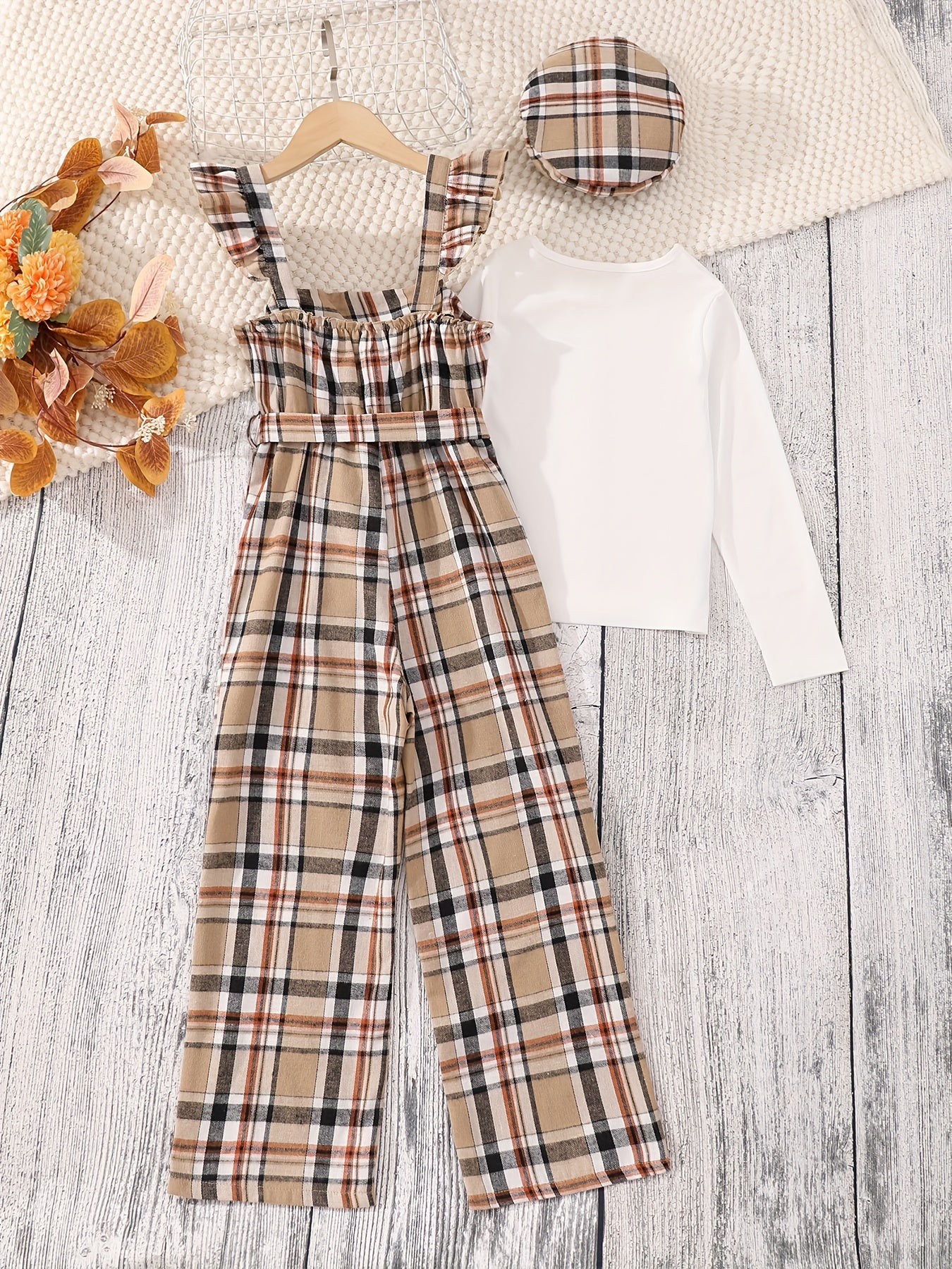 Girls Outfits 4PCS Solid Pullover + Plaid Jumpsuit + Hat + Belt Set