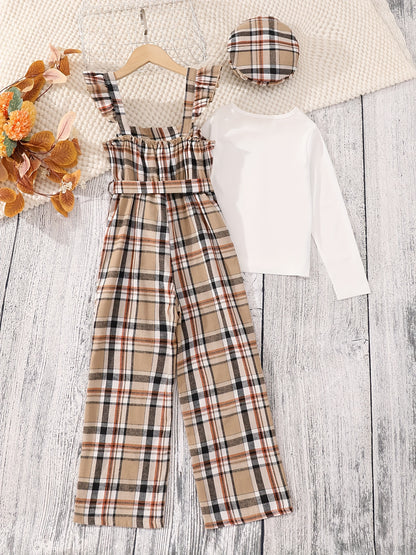Girls Outfits 4PCS Solid Pullover + Plaid Jumpsuit + Hat + Belt Set