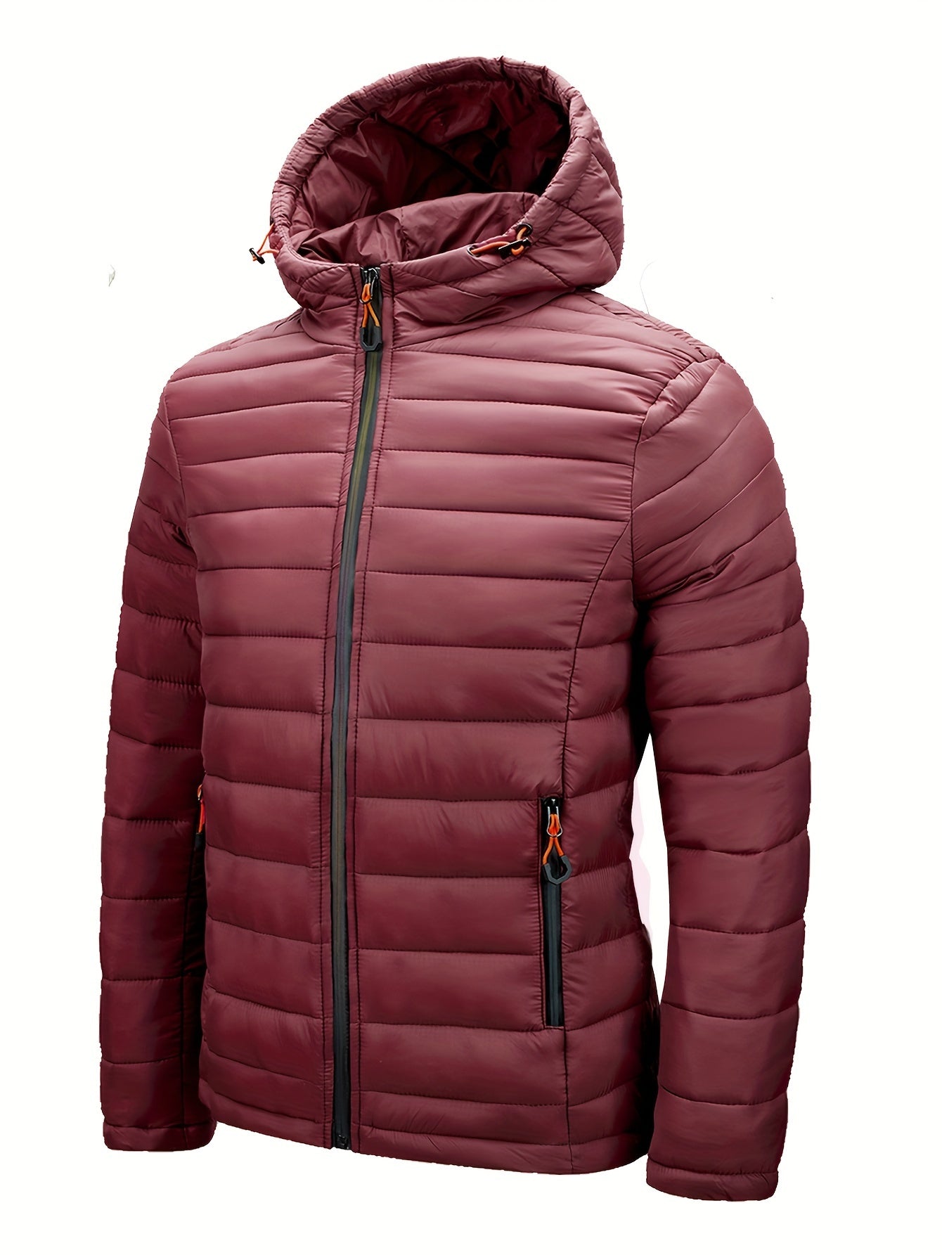 Men's Quilted Hooded Winter Jacket - Lightweight Nylon Coat with Colorful Zipper Pockets
