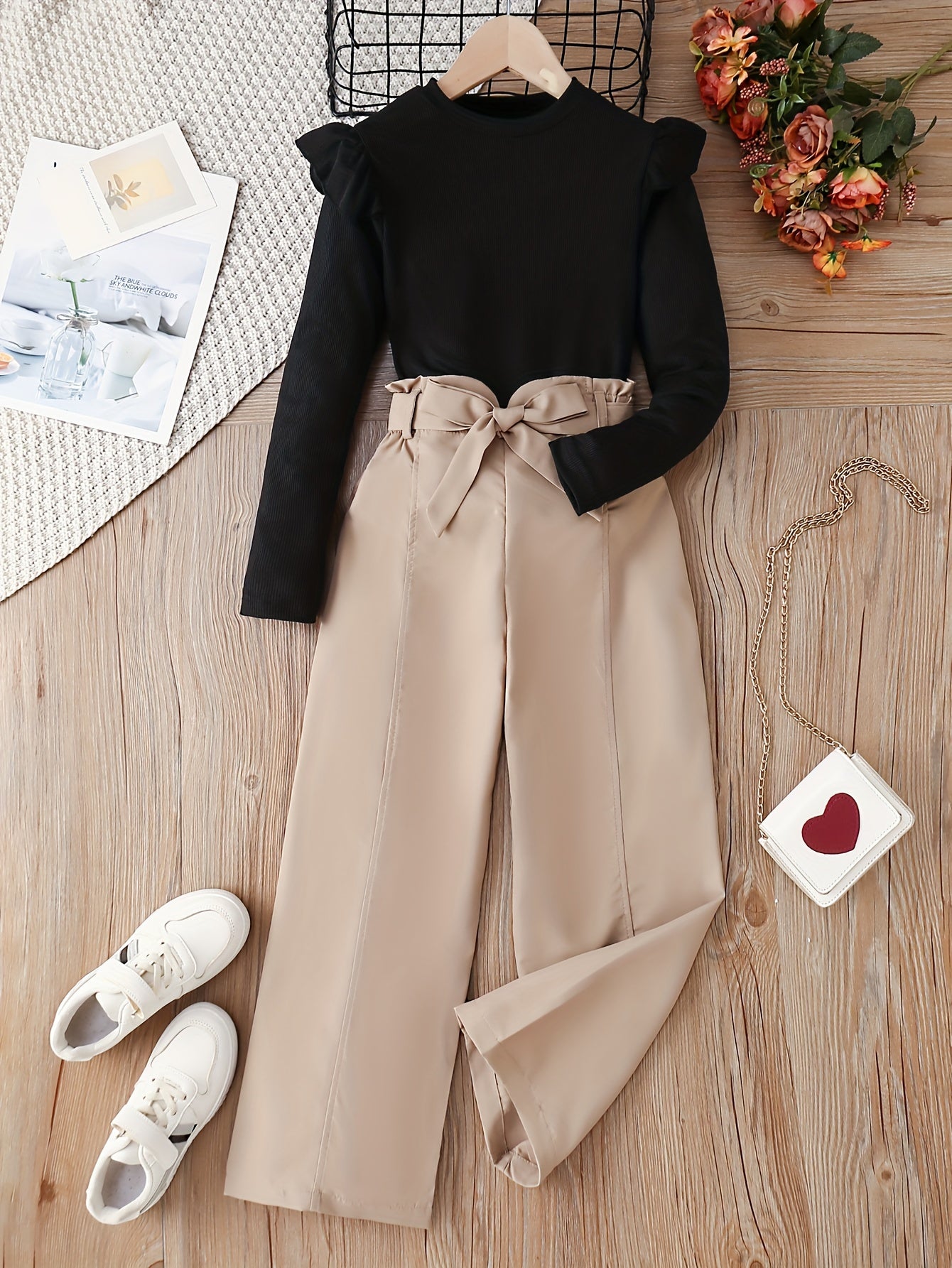 Girl's Trendy Outfit 2pcs, Ribbed Top & Wide Leg Pants Set
