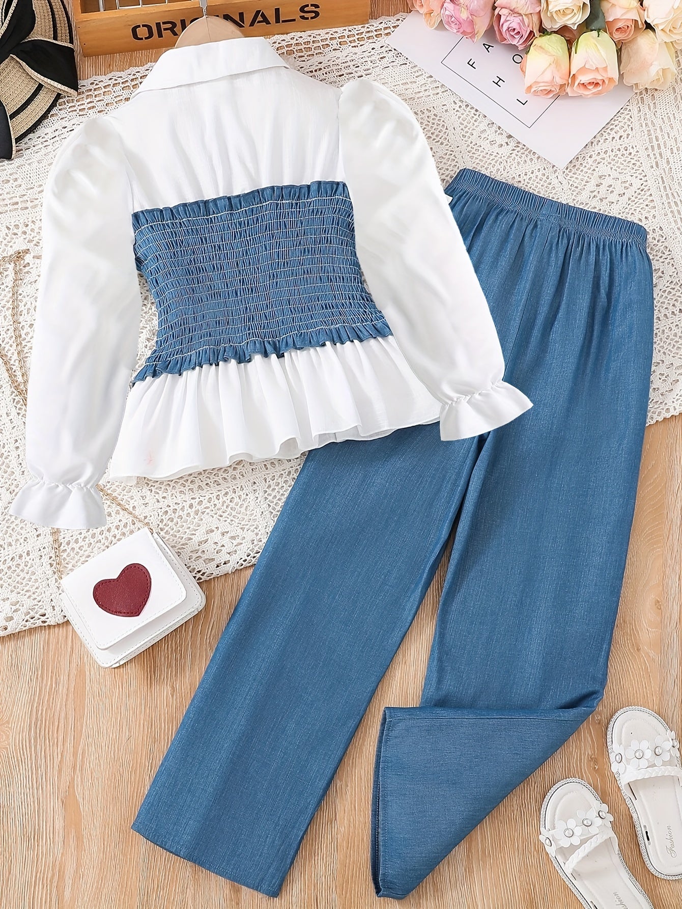 Denim Style Girls 2pcs/set Smocked Shirt Top + Print Pants Co-ords Set