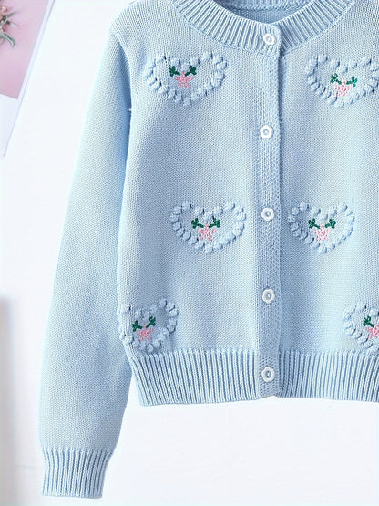 Girls Pure Cotton Cute Heart Jacquard Long Sleeve Button Down Knit Cardigan Clothes