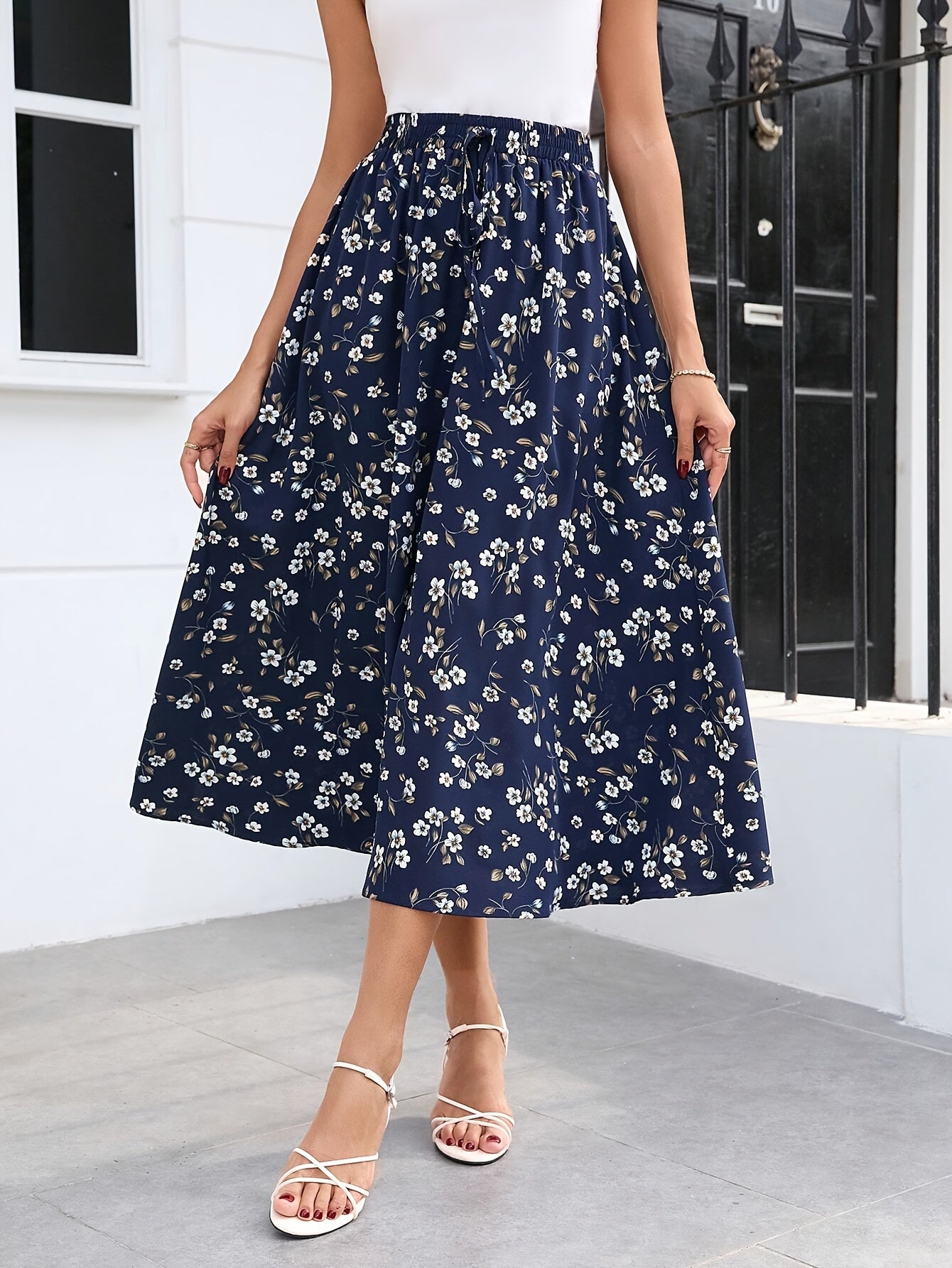 Floral Print Elastic Waist Skirt