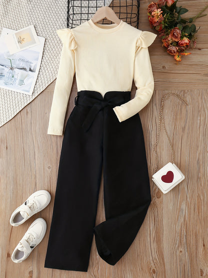 Girl's Trendy Outfit 2pcs, Ribbed Top & Wide Leg Pants Set
