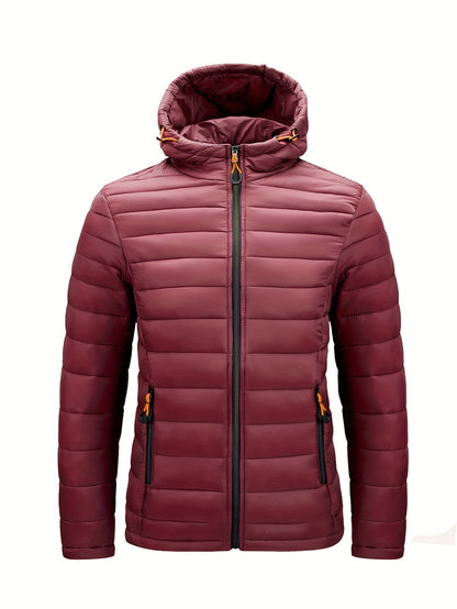 Men's Quilted Hooded Winter Jacket - Lightweight Nylon Coat with Colorful Zipper Pockets