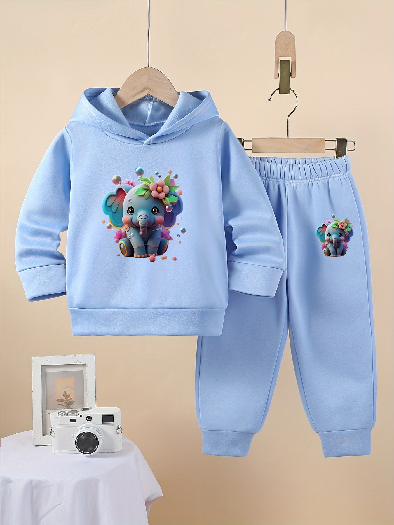 Cute Cartoon Elephant Graphic Print Girl's Casual 2-Piece Set - Hoodie and Sweatpants