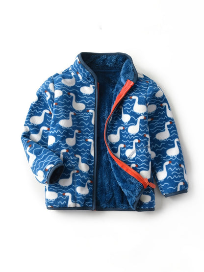 Boys Casual Cute Duck Print Slightly Stretch Stand Collar Fleece Zip Up