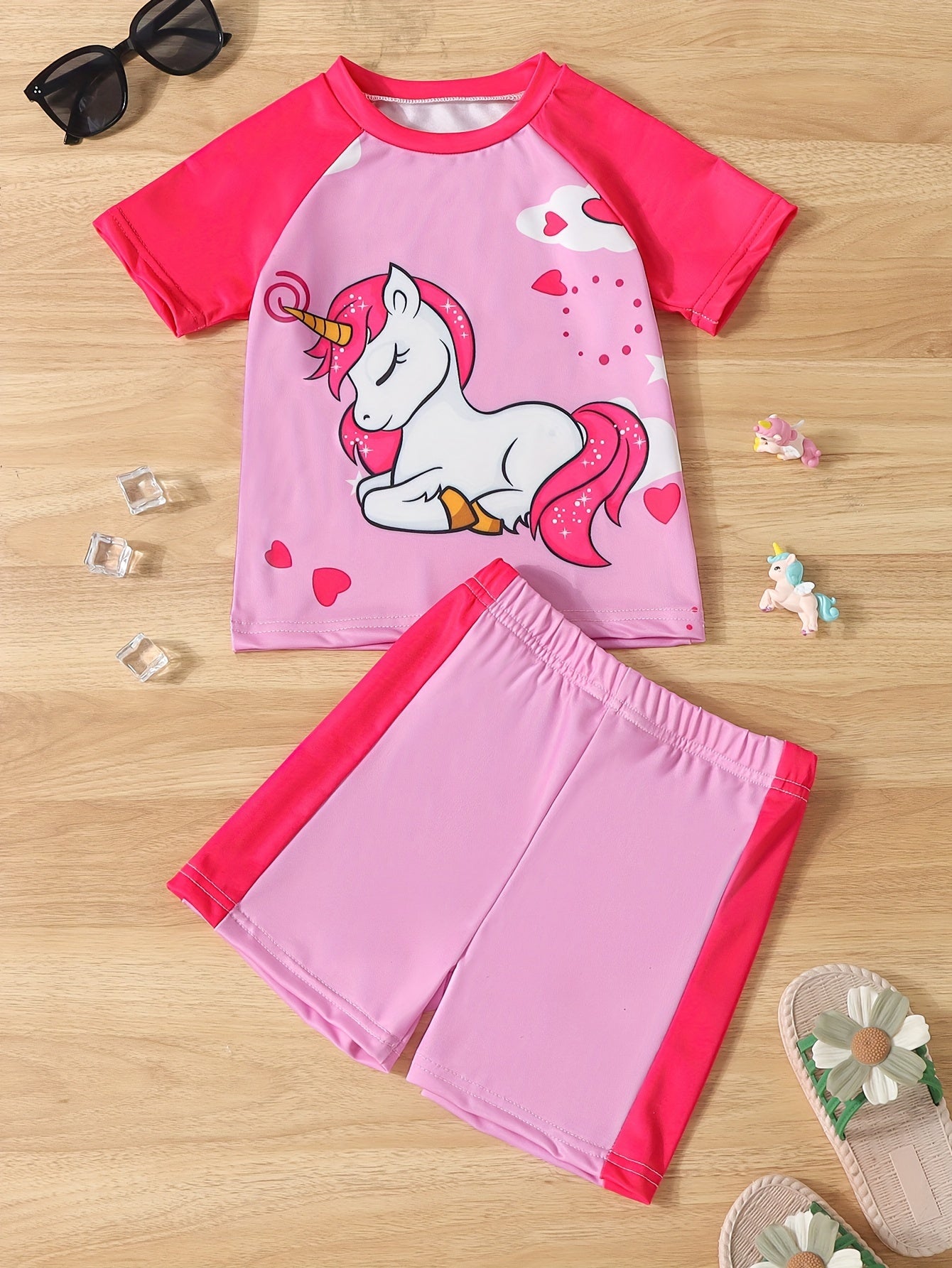 Girls' Unicorn Swimwear Set - Raglan Short Sleeve Top + Boxer Shorts