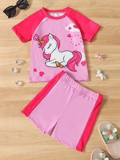 Girls' Unicorn Swimwear Set - Raglan Short Sleeve Top + Boxer Shorts