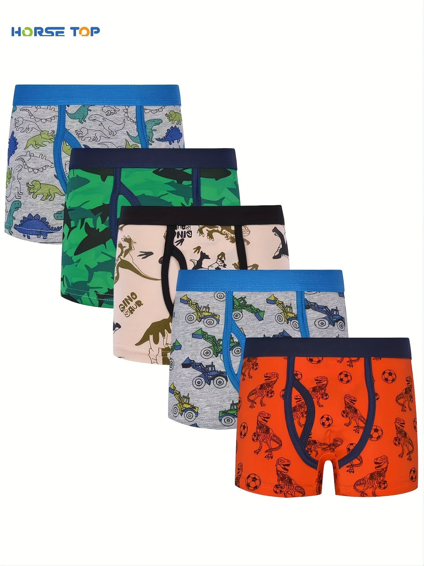 5pcs Boys Cartoon Construction Vehicle Dinosaur Shark Pattern Cotton Boxer Briefs