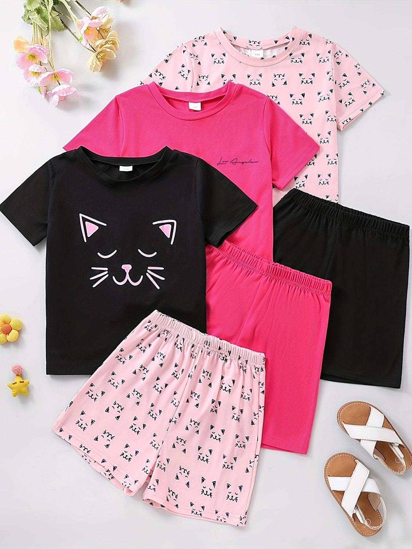 Girls 6-Piece Los Angeles Letter Pattern Pajama Set - Short T-Shirts & Shorts