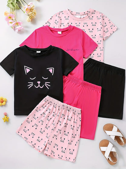 Girls 6-Piece Los Angeles Letter Pattern Pajama Set - Short T-Shirts & Shorts