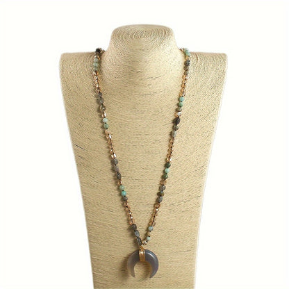 Boho Tribal Style Natural Agate Horn Crescent Moon Pendant Necklace