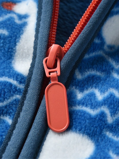 Boys Casual Cute Duck Print Slightly Stretch Stand Collar Fleece Zip Up