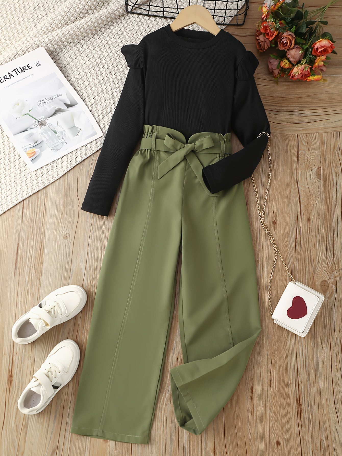 Girl's Trendy Outfit 2pcs, Ribbed Top & Wide Leg Pants Set