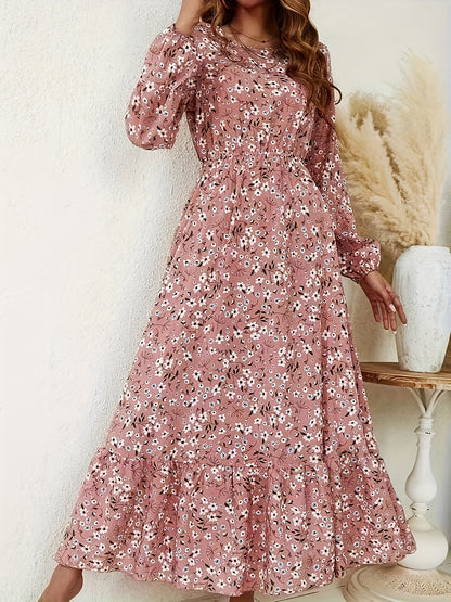 Floral Print Crew Neck Dress, Elegant Long Sleeve
