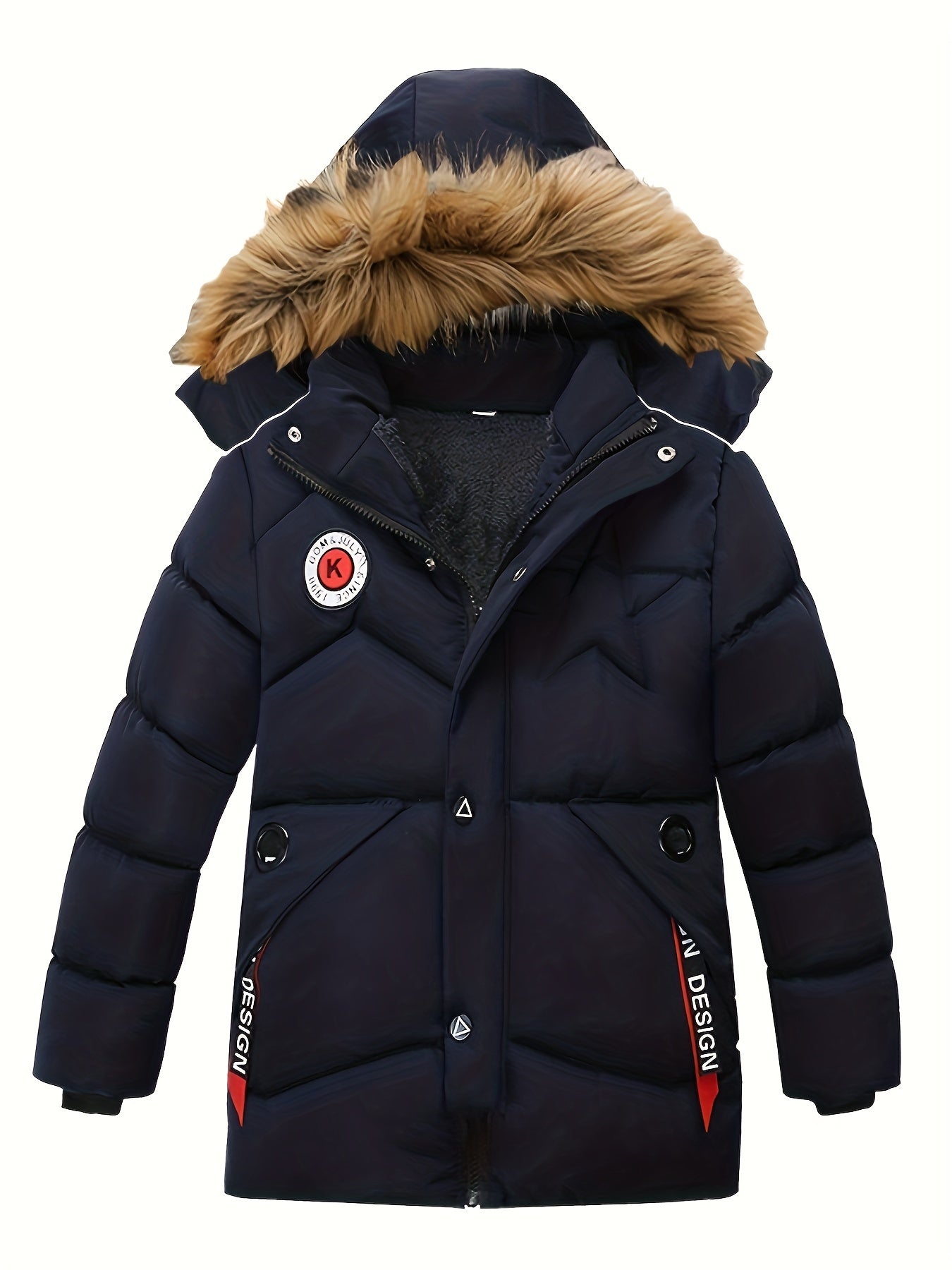 Boy's Trendy Fleece Lining Down Jacket, Warm Zip Up Hooded Coat